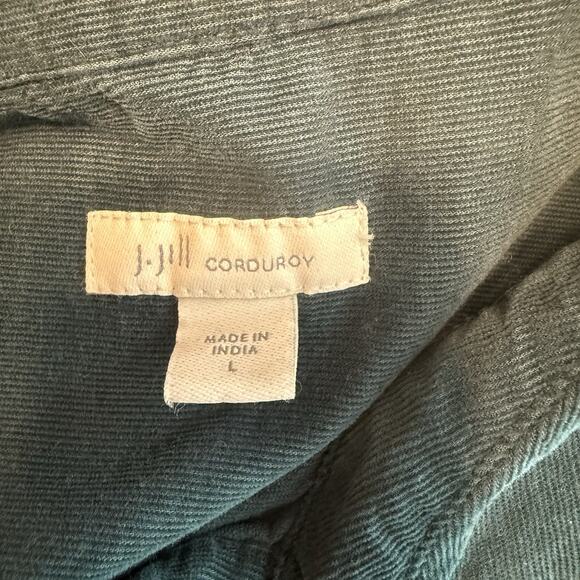 J. Jill Corduroy Shirt Dress Sz LG Forest Green Button Up Roll Tab Pockets Teach - Picture 5 of 12